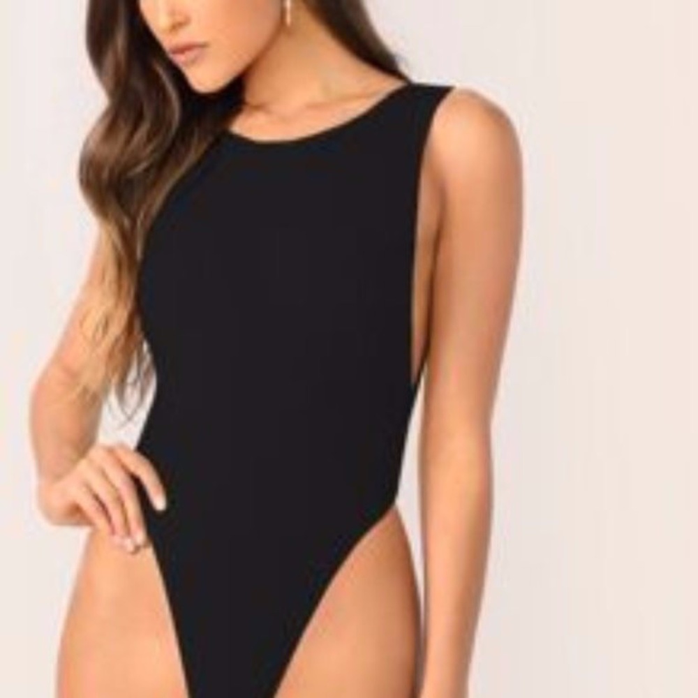 Dropped armhole high cut/side boob black bodysuit